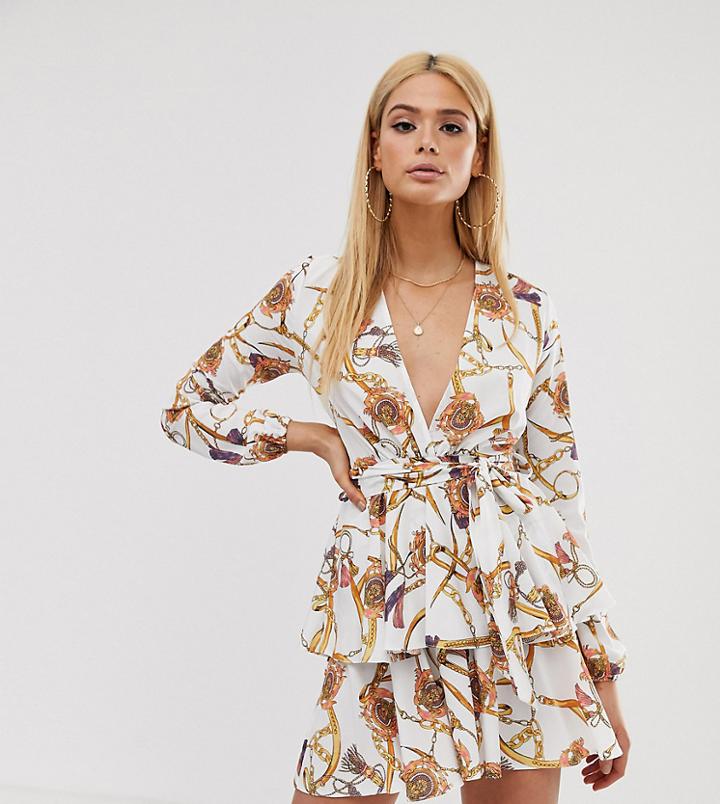 John Zack Tall Plunge Front Skater Dress In White Vintage Chain Print - Multi