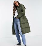 New Look Tall Longline Puffer Coat In Khaki-green