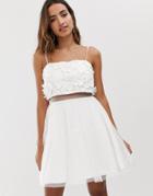 Asos Design Embellished Crop Top Mini Dress With 3d Applique Flowers - White
