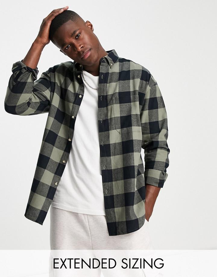 Asos Design 90s Oversized Check Shirt In Khaki Buffalo-green