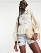 Asos Design Long Sleeve Top With Crochet Detail And Tie Waist In Stone-brown