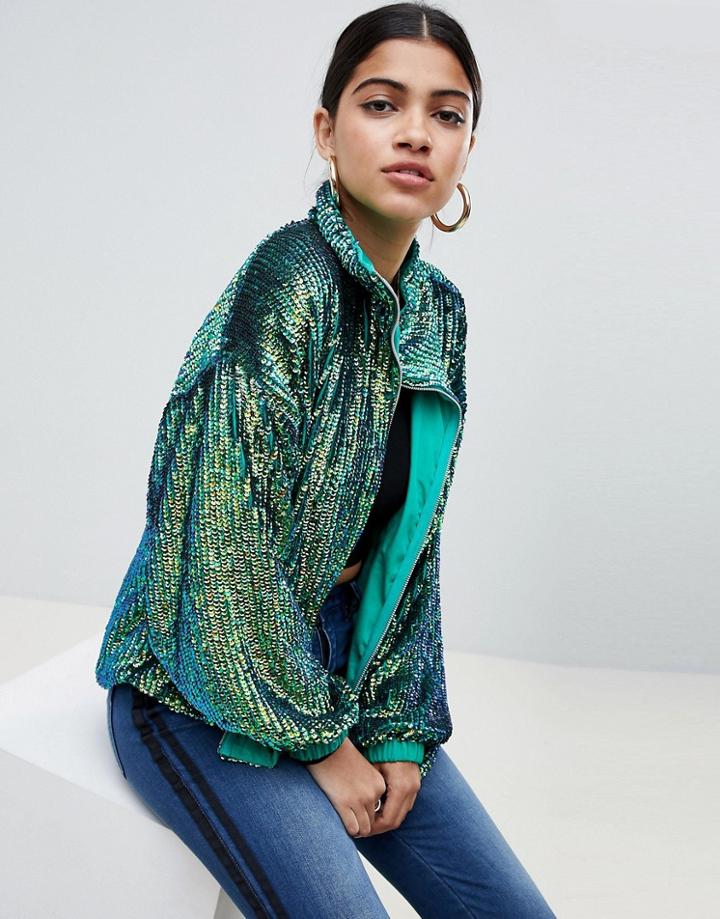 Asos Design Sequin Bomber Jacket - Green