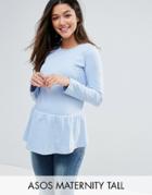 Asos Maternity Tall Top With Exagerated Ruffle Hem And Long Sleeve - Blue