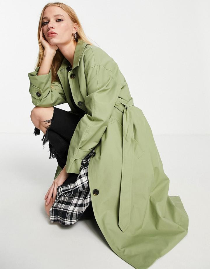 Bershka Smart Trench Coat In Khaki-green