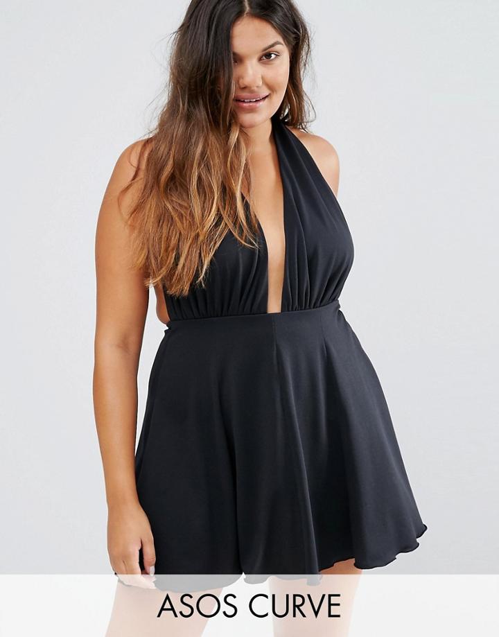 Asos Curve Plunge Swim Dress - Black