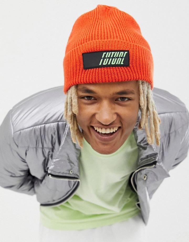 Asos Design Oversized Beanie In Orange With Rubber Badge Detail - Orange
