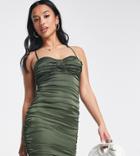 Parisian Petite Ruched Satin Mini Body-conscious Dress In Khaki-green