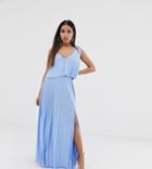 Asos Design Petite Tie Shoulder Pleated Crop Top Maxi Dress-blue