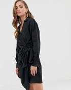 Asos Design Twist Collar Wrap Casual Mini Dress-black