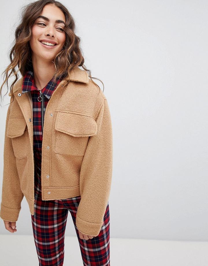 Monki Textured Short Jacket With Oversized Pockets In Beige - Beige