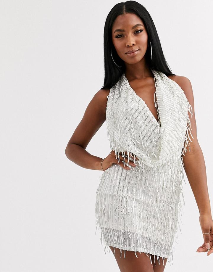 Goddiva Embellished Deep Cowl Neck Mini Dress In Cream