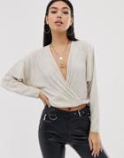 Asos Design Wrap Top In Plisse With Batwing Sleeve-cream