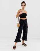 Asos Design Broderie Pants With Ruffle Hem And Trim - Black