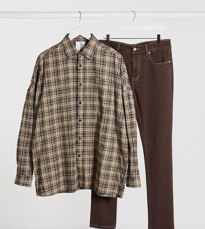 Collusion Unisex Long Sleeve Shirt In Beige Check-neutral