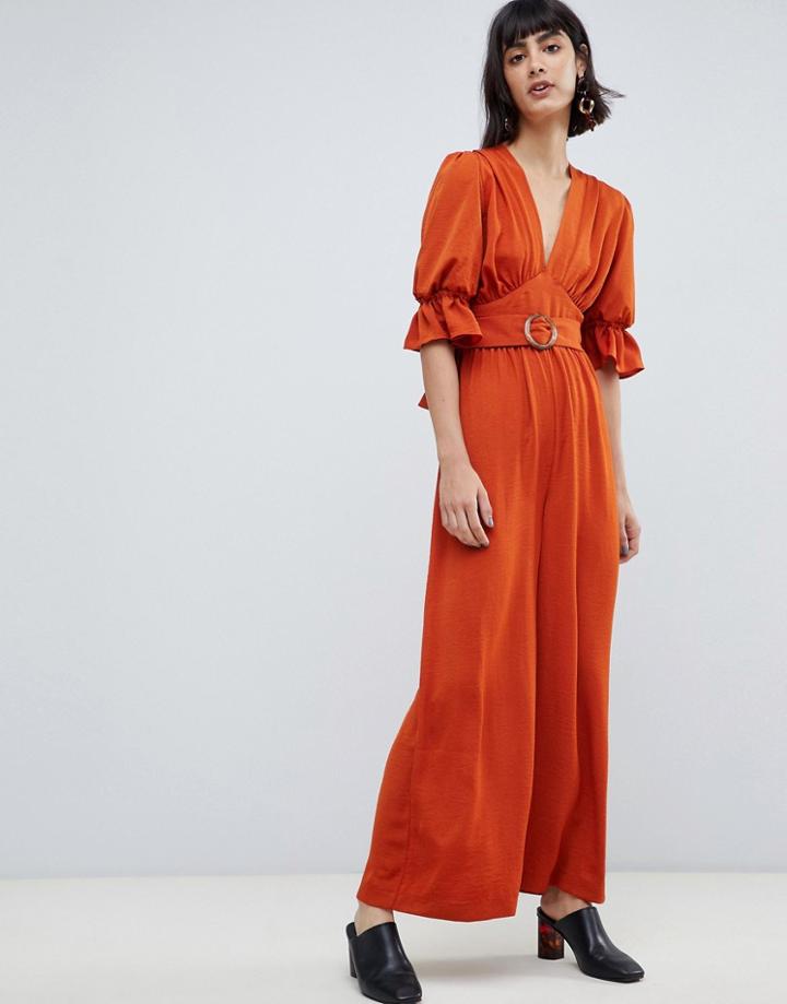 Asos Design Oval Belted Gathered Linen Jumpsuit - Brown