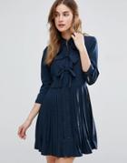 Vila Shift Dress With Pleated Skirt & Bow Detail - Navy