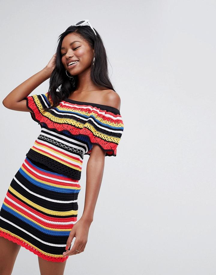 Asos Design Crochet Stripe Bardot Top - Multi