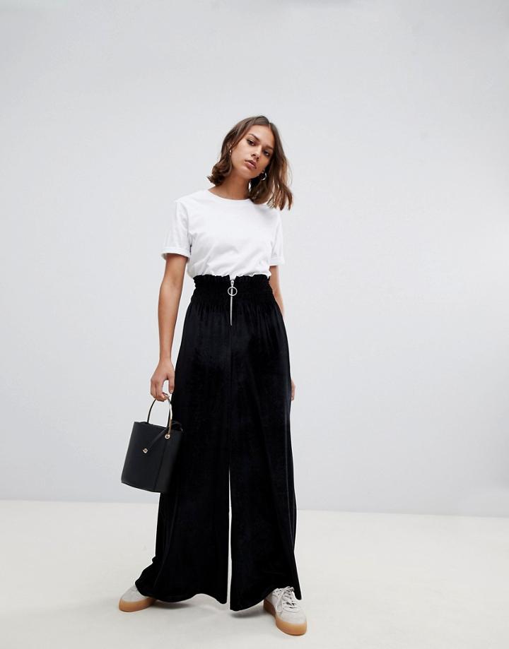 Asos Design Velvet Wide Leg With Shirring And Ring Pull-black