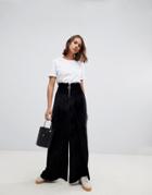 Asos Design Velvet Wide Leg With Shirring And Ring Pull-black