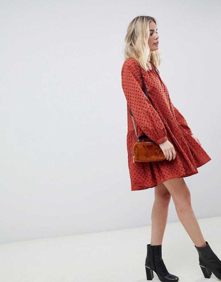 Asos Design Tiered Trapeze Mini Dress In Broderie-orange