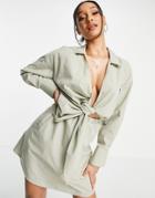 Asos Design Collared Tie Drape Front Mini Shirt Dress In Poplin In Khaki-green