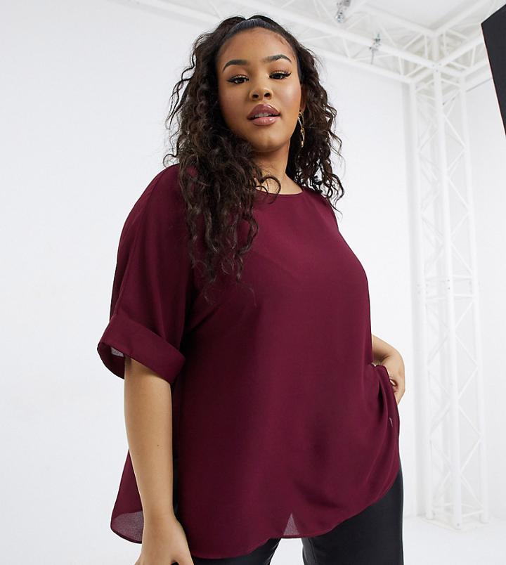 Asos Design Curve Oversized Woven Tee With Roll Sleeve In Berry-red