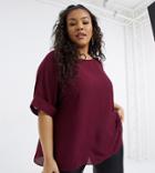 Asos Design Curve Oversized Woven Tee With Roll Sleeve In Berry-red