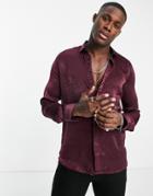 Twisted Tailor Corrigan Skinny Shirt In Burgundy Crushed Velour-red