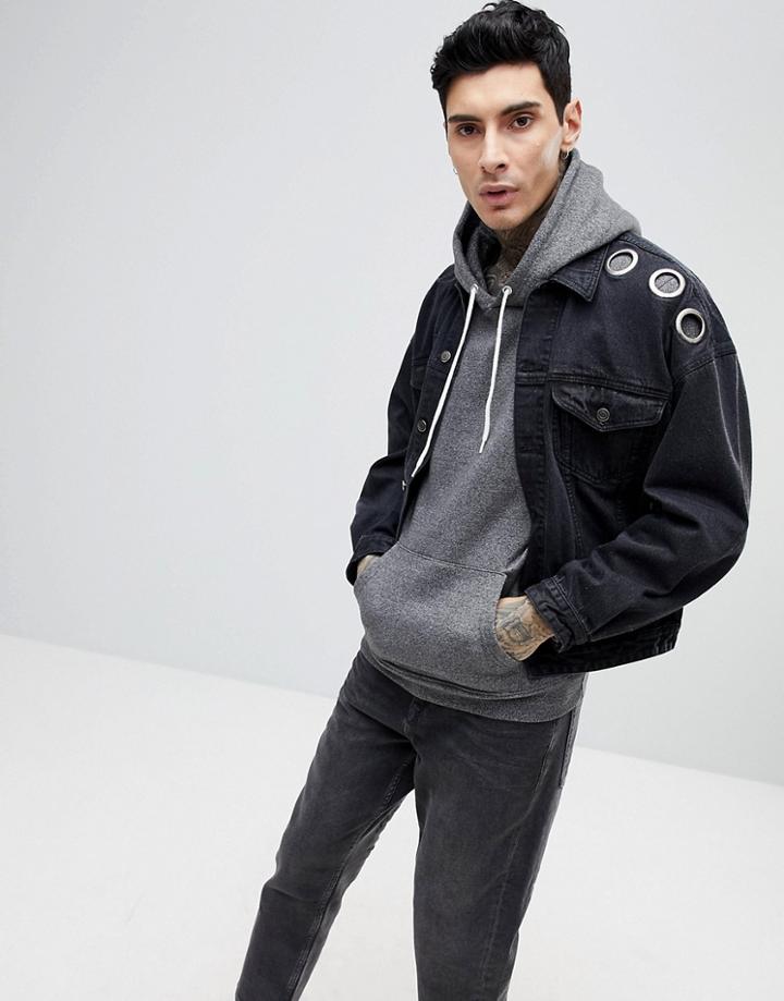Asos Oversized Denim Jacket With Eyelets In Washed Black - Black