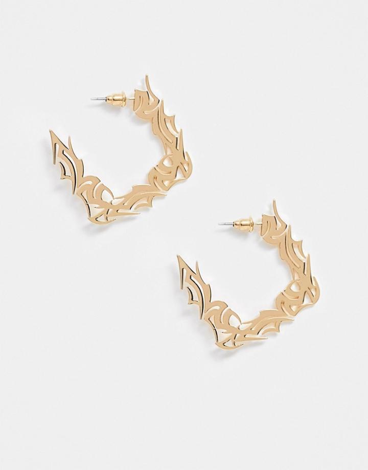 Asos Design Hoop Earrings In Gothic Tattoo Design In Gold Tone