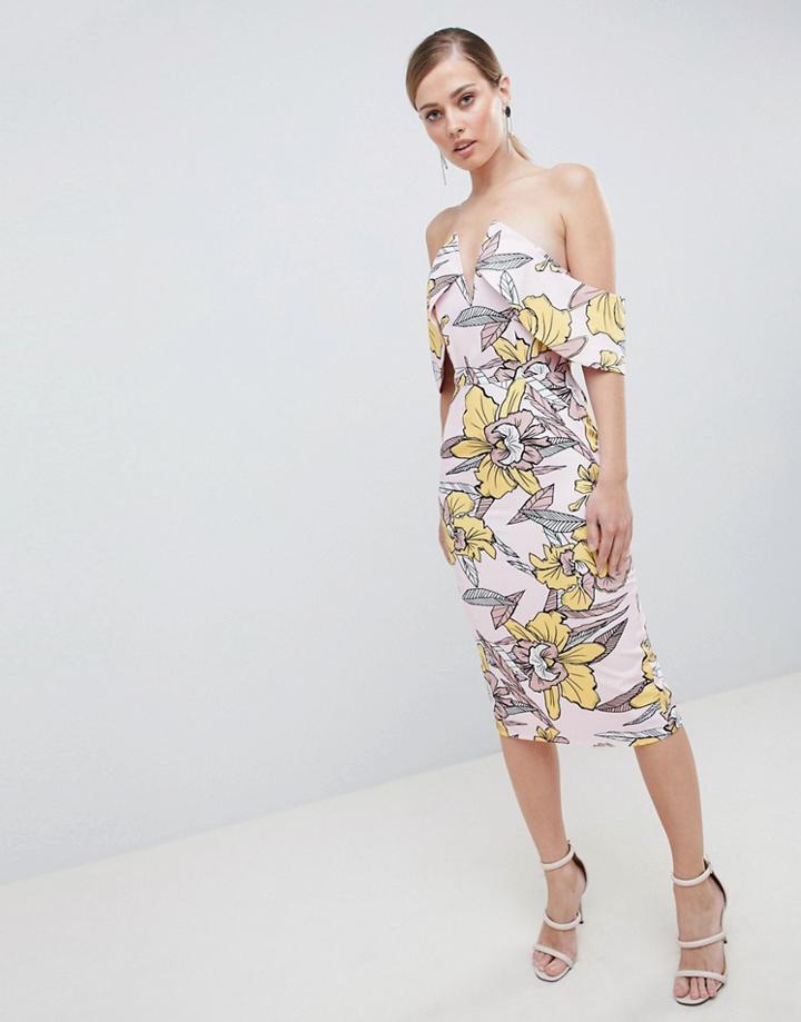 Lavish Alice Plunge Front Bandeau Printed Midi Dress - Multi