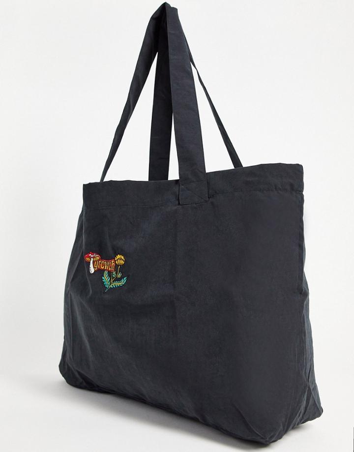 Asos Design Oversized Tote Bag In Soft Touch Black Cotton With Mushroom Embroidery