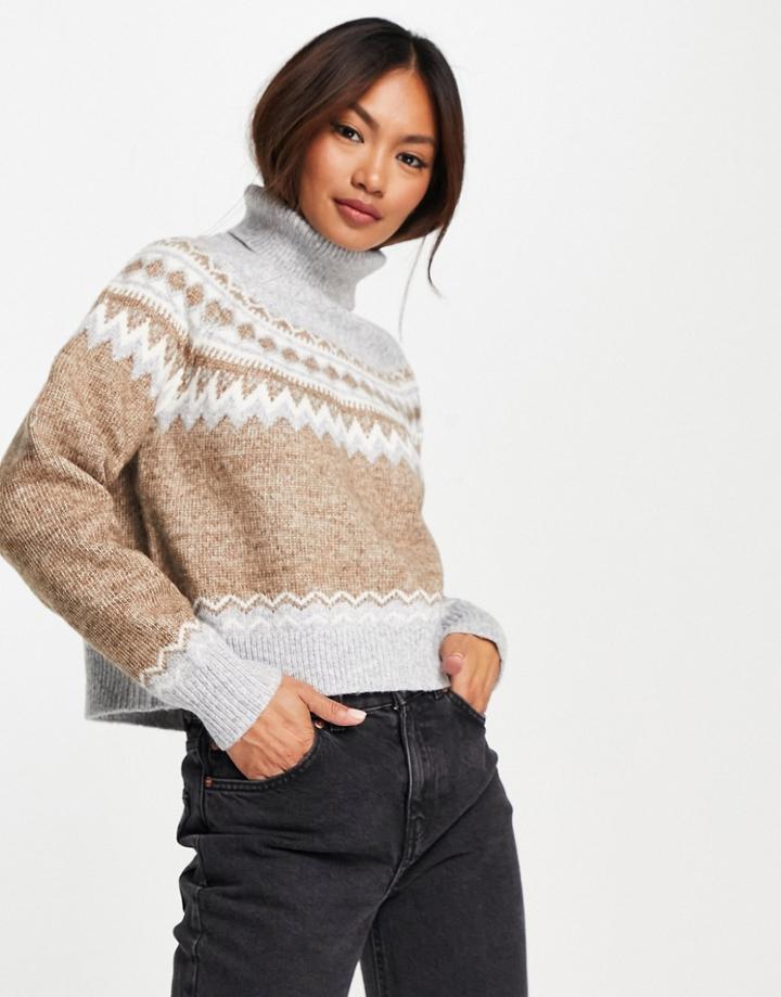Fashion Union Relaxed High Neck Boxy Knit Fairisle Sweater-brown