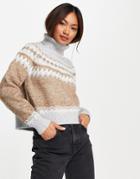 Fashion Union Relaxed High Neck Boxy Knit Fairisle Sweater-brown