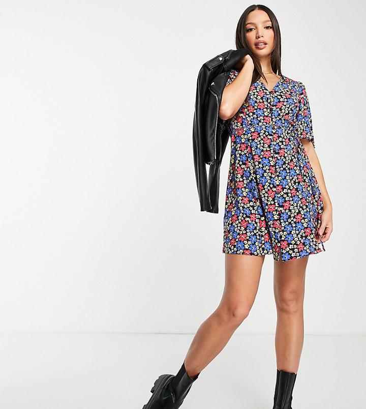 Asos Design Tall Button Through Tie Back Mini Tea Dress With Angel Sleeve In Black Base Floral Print-multi