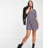 Asos Design Tall Button Through Tie Back Mini Tea Dress With Angel Sleeve In Black Base Floral Print-multi