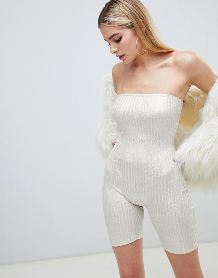Fashionkilla Bandeau Unitard In Ribbed Glitter - Gold