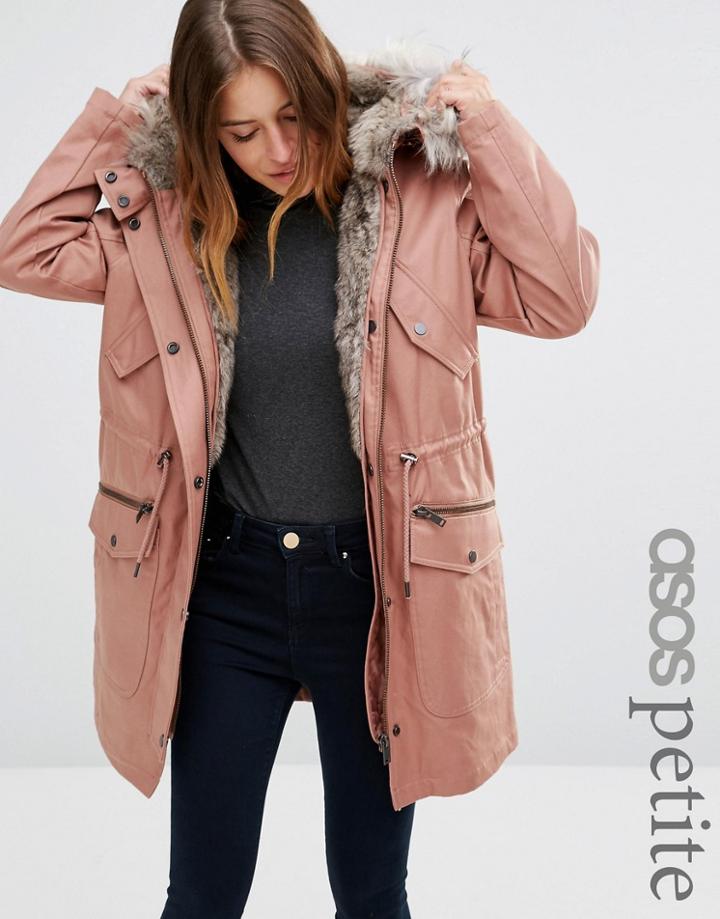 Asos Petite Parka With Detachable Faux Fur Liner - Pink