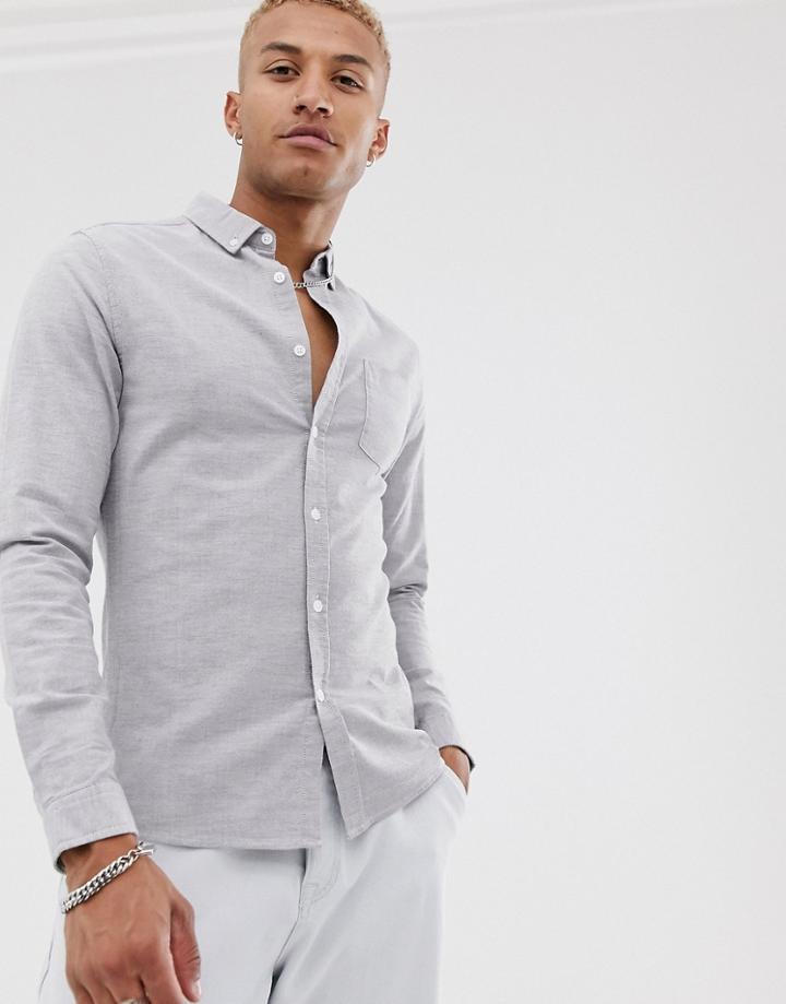 Asos Design Skinny Oxford Shirt In Gray Yarn Dye - Gray
