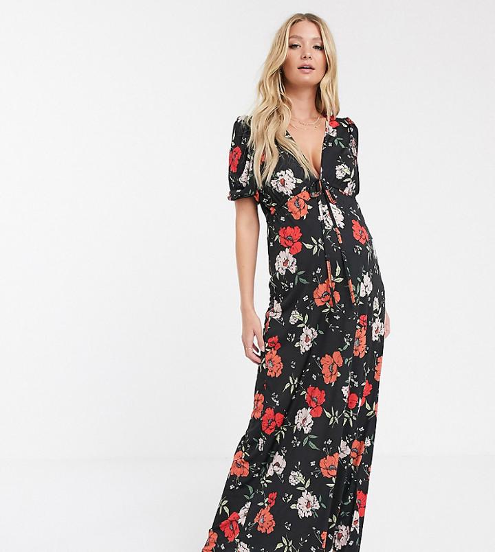 Asos Design Maternity Tie Front Maxi Dress In Floral Print - Multi