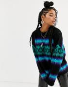 Emory Park Oversized Fluffy Knit Fairisle Sweater-black