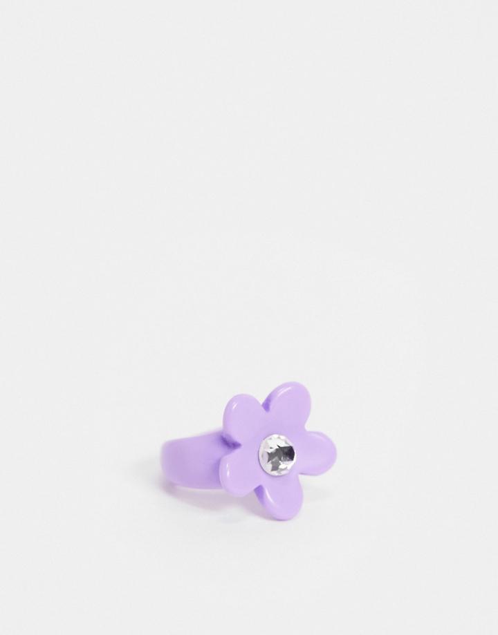 Asos Design Ring With Purple Flower In Plastic
