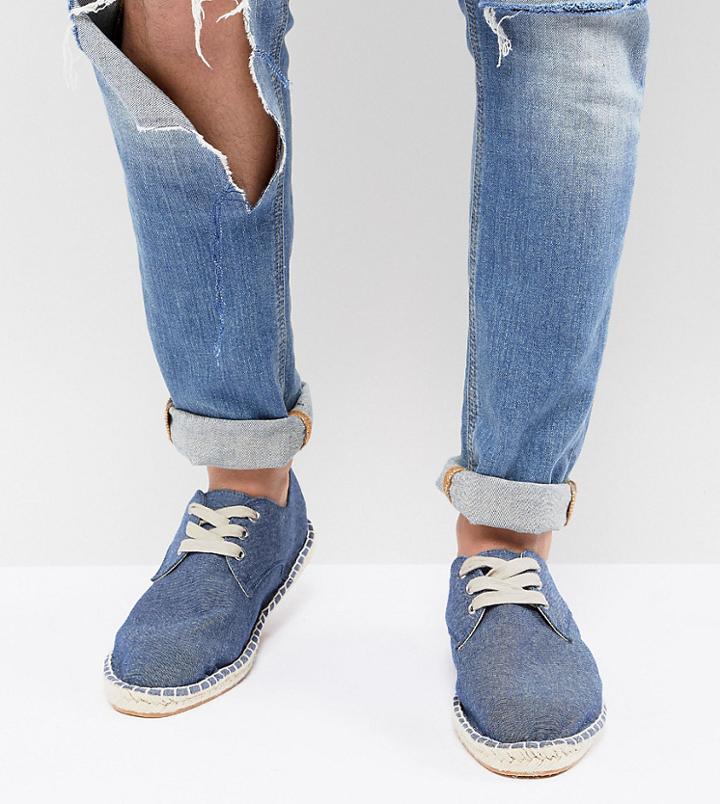 Asos Design Wide Fit Lace Up Espadrilles In Blue Denim Chambray - Blue
