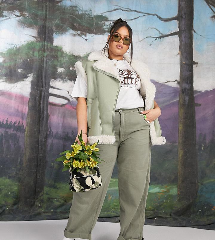 Asos Design Curve Slouchy Chino Pants In Khaki-green