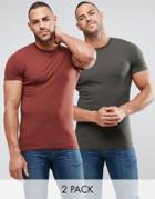 Asos 2 Pack Extreme Muscle T-shirt In Khaki/chestnut - Multi