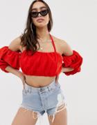 Asos Design Bardot Top With Puff Sleeve - Red