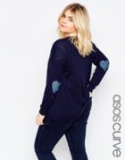 Asos Curve Swing Cardigan With Denim Blue Heart Elbow Patch - Navy
