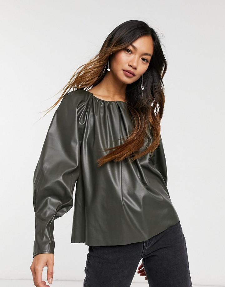 Asos Design Leather Look Smock Top With Gathered Neck Detail In Khaki-green