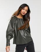 Asos Design Leather Look Smock Top With Gathered Neck Detail In Khaki-green