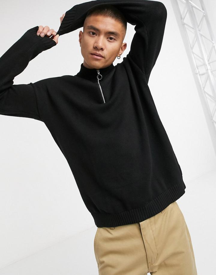 Asos Design Oversized Cotton Half Zip Knitted Sweater In Black